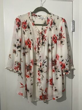 Rose & Olive Cream Floral Smocked Tie-Neck Blouse with Coral Accents Size 1X